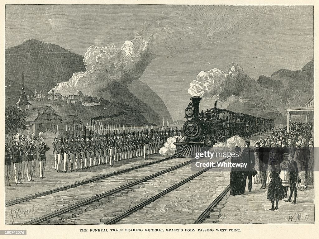 Funeral train bearing General Grant's body passing West Point