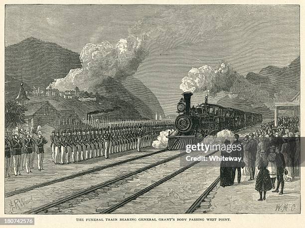 funeral train bearing general grant's body passing west point - west point new york stock illustrations