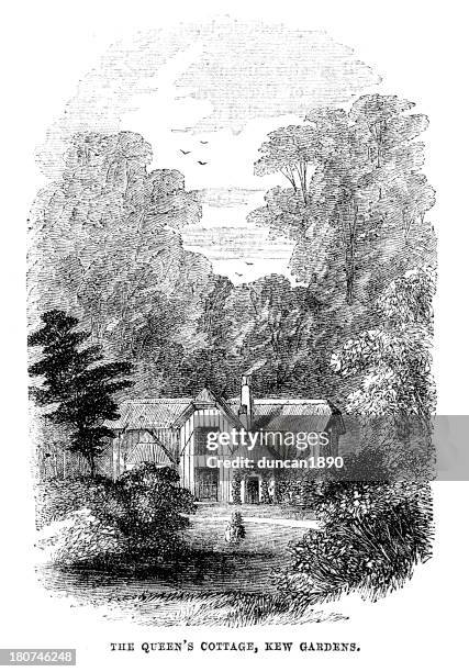 the queen's cottage, kew gardens - kew cottages stock illustrations