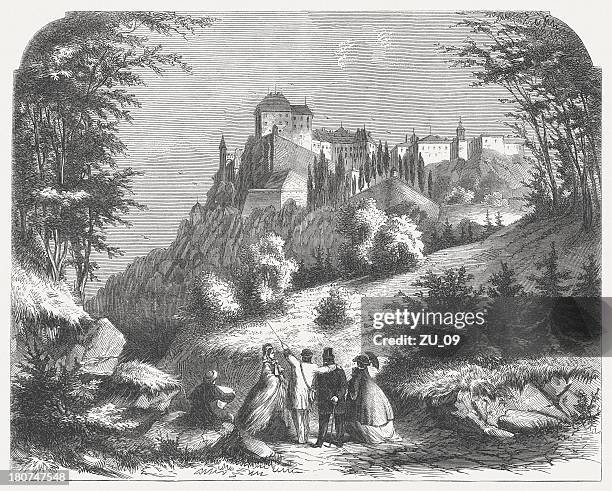 stockillustraties, clipart, cartoons en iconen met koenigstein fortress in saxony, germany, wood engraving, published in 1864 - konigstein