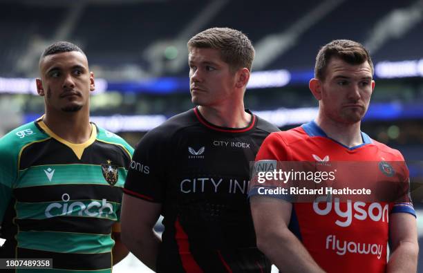 Juarno Augustus , Owen Farrell , Ben Spencer during the EPCR 2023/2024 Season Launch at Tottenham Hotspur Stadium on November 22, 2023 in London,...