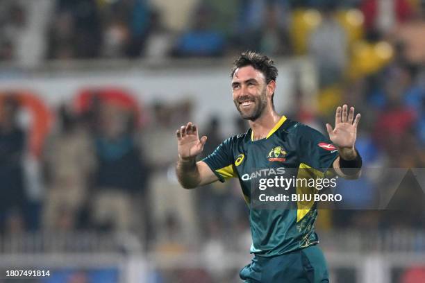 Australia's Glenn Maxwell gestures during the third Twenty20 international cricket match between India and Australia at the Assam Cricket Association...