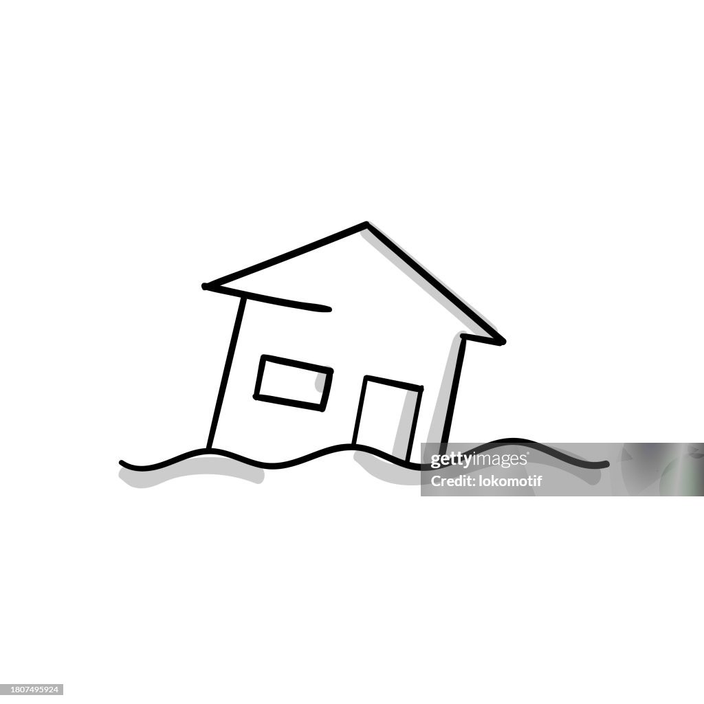 Flood Disaster Sketchy Doodle Vector Line Icon with Editable Stroke. The Icon is suitable for web design, mobile apps, UI, UX, and GUI design.