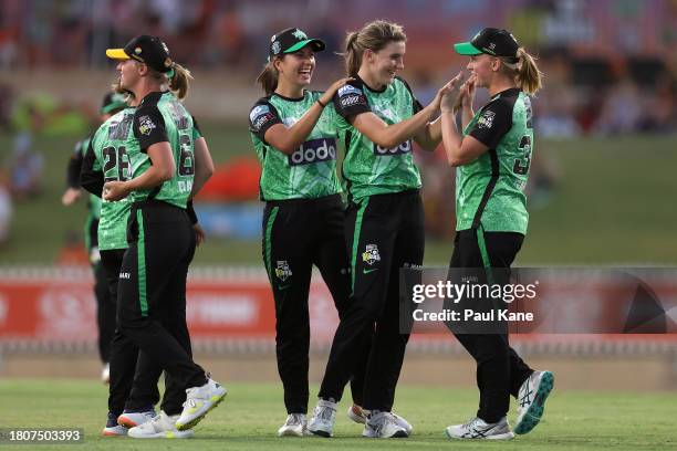 Annabel Sutherland of the Stars celebrates the wicket of Maddy Darke of the Scorchers during the WBBL match between Perth Scorchers and Melbourne...