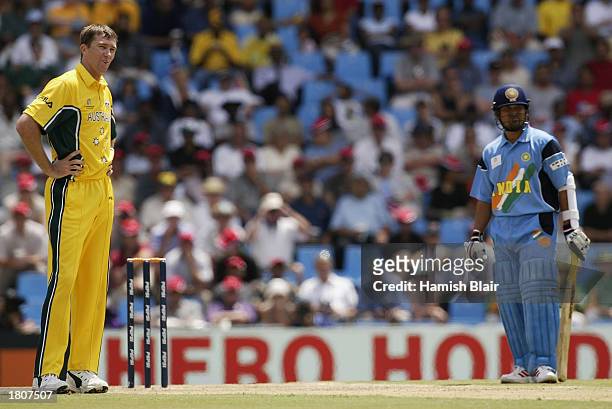 Glenn McGrath of Australia and Sachin Tendulkar of India look on during the ICC Cricket World Cup Pool A match between Australia and India played...