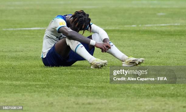 Joel Ndala of England looks dejected after defeat to Uzbekistan during the FIFA U-17 World Cup Round of 16 match between England and Uzbekistan Eat...