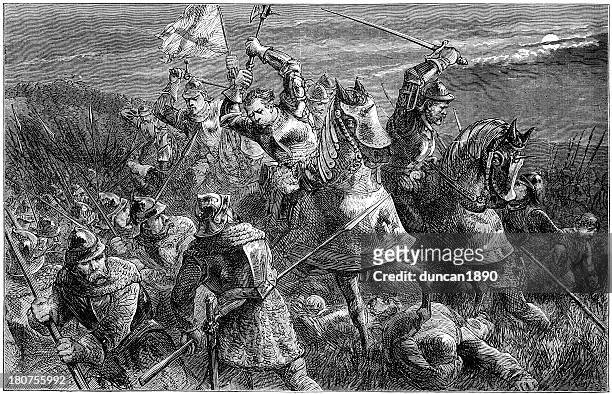 ilustraciones, imágenes clip art, dibujos animados e iconos de stock de batalla de otterburn 1388 - battlefield