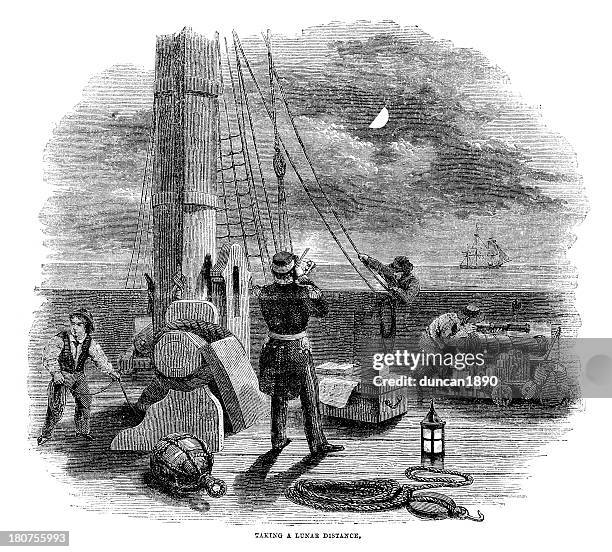 taking a lunar distance - sailing crew stock illustrations