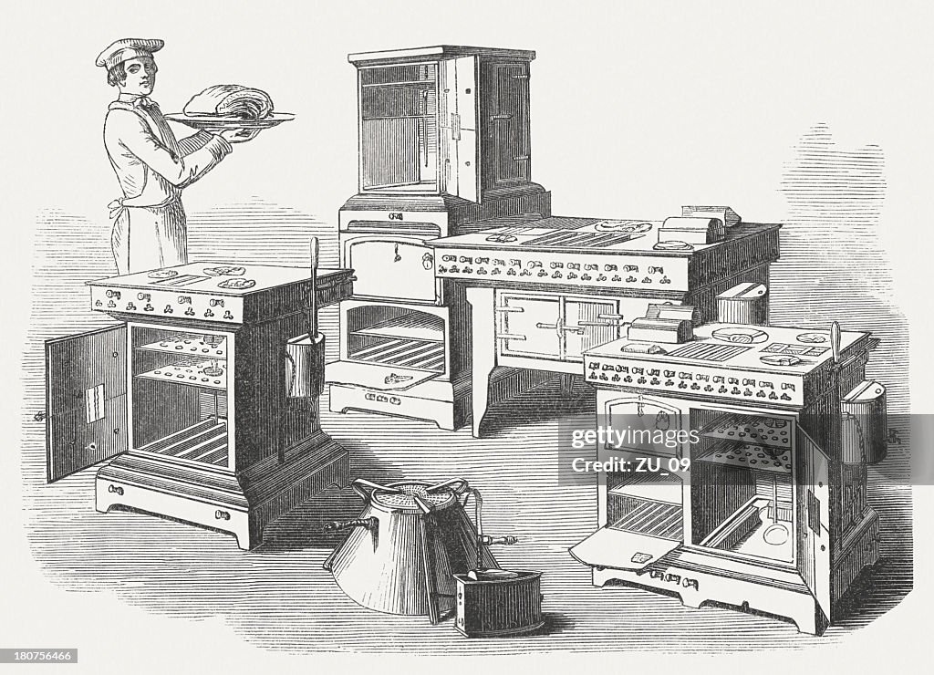 Gas stoves, wood engraving, published in 1854