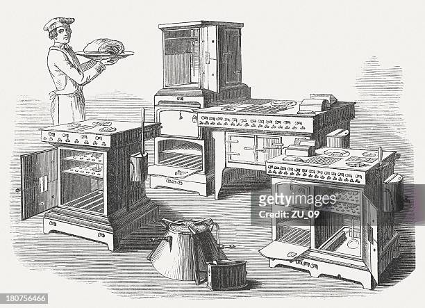 gas stoves, wood engraving, published in 1854 - gas stove burner stock illustrations