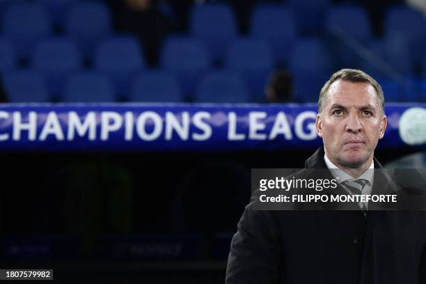Celtic's Northern Ireland coach Brendan Rodgers looks on before the UEFA Champions League Group E football match between Lazio and Celtic Glasgow at...