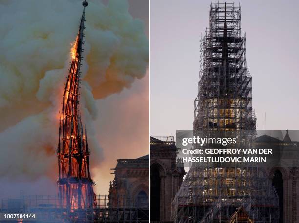 This combination of pictures created on November 28, 2023 shows the steeple and spire of Notre-Dame de Paris Cathedral collapsing as smoke and flames...