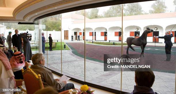 Saudi King Abdullah bin Abdul Aziz al-Saud chats with US President George W. Bush while viewing the King's horses 15 January 2008 at the al-Janadriya...