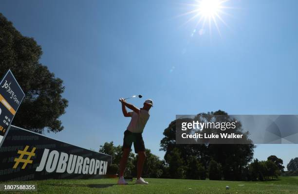 Charl Schwartzel of South Africa plays a tee shot prior to the Joburg Open at Houghton GC on November 22, 2023 in Johannesburg, South Africa.