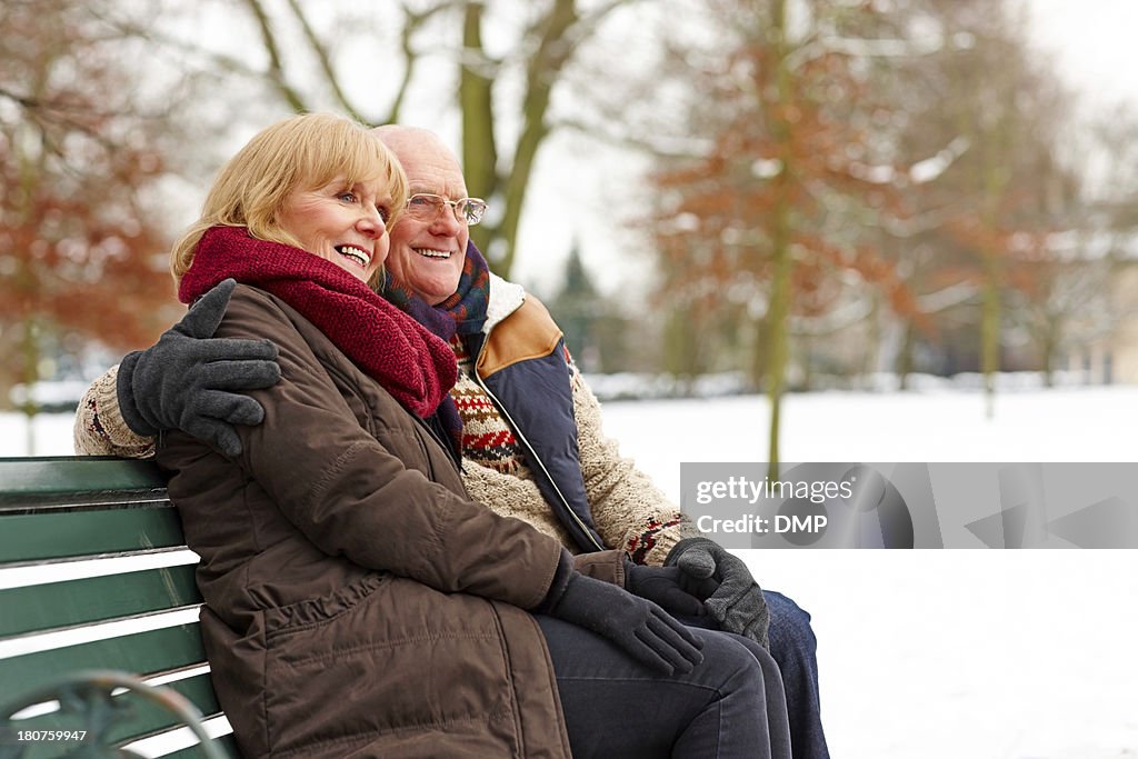 Älteres Ehepaar sitzt auf einer Bank im Schnee park
