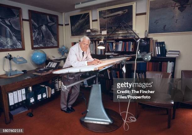 Sir Barnes Wallis , English engineer and inventor of the bouncing bomb, working at his home in Effingham, Surrey, circa November 1971.