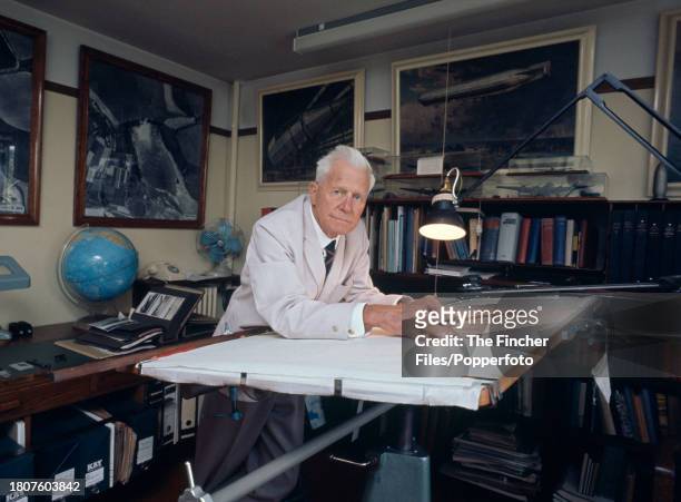 Sir Barnes Wallis , English engineer and inventor of the bouncing bomb, working at his home in Effingham, Surrey, circa November 1971.