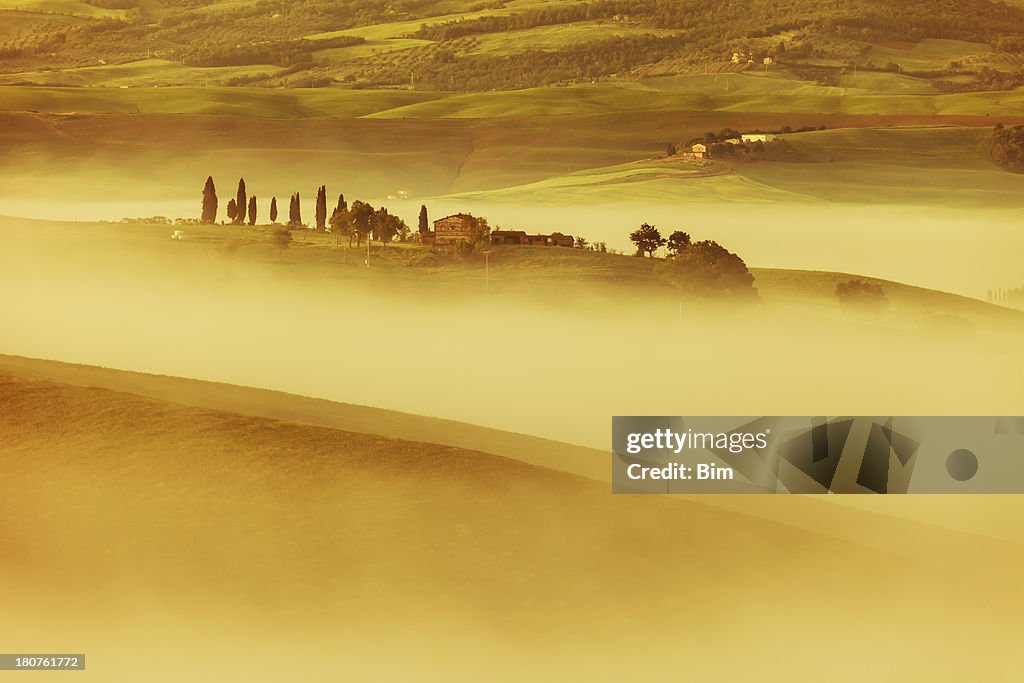Névoa da manhã na Toscana, Itália