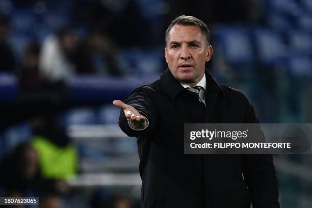 Celtic's Northern Ireland coach Brendan Rodgers reacts during the UEFA Champions League Group E football match between Lazio and Celtic Glasgow at...