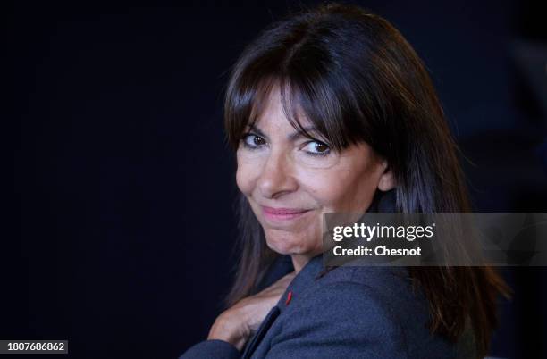 Paris Mayor Anne Hidalgo presents City's 4th Climate Plan during a press conference at the Paris city hall on November 22, 2023 in Paris, France....