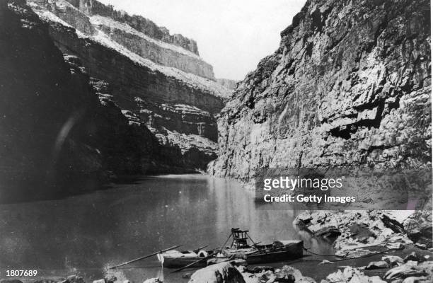View of American anthropologist, geologist and explorer Major John Wesley Powell's boat, 'Emma Dean,' which was named after his wife, on the Colorado...