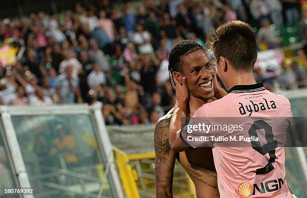 Abel Hernandez of Palermo celebrates with Paulo Dybala after scoring his team's second goal during the Serie B match between US Citta di Palermo and...