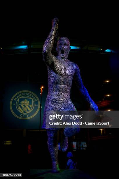 Statue of former Manchester City striker Sergio Aguero stands outside the stadium ahead of the UEFA Champions League match between Manchester City...