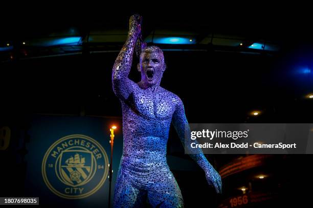 Statue of former Manchester City striker Sergio Aguero stands outside the stadium ahead of the UEFA Champions League match between Manchester City...