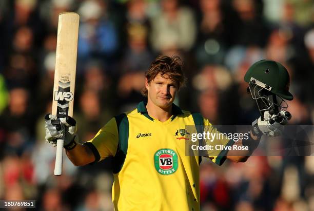 Shane Watson of Australia celebrates his century during the 5th NatWest Series one day international at the Ageas Bowl on September 16, 2013 in...