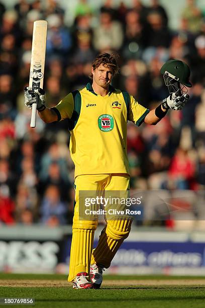 Shane Watson of Australia celebrates his century during the 5th NatWest Series one day international at the Ageas Bowl on September 16, 2013 in...