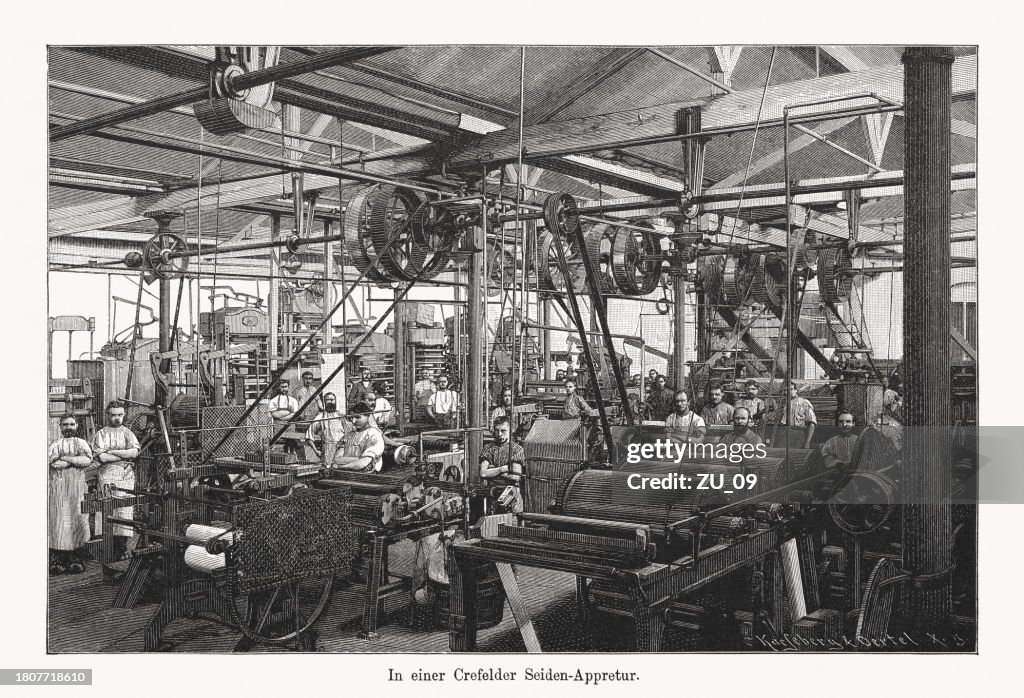 Production hall for silk fabrics, wood engraving, published in 1894