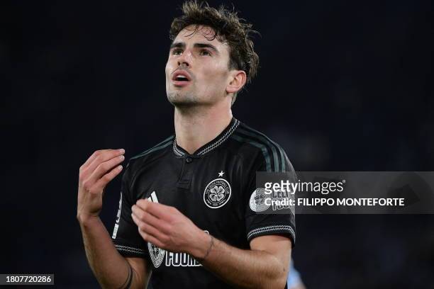 Celtic's Danish midfielder Matthew O'Riley reacts during the UEFA Champions League Group E football match between Lazio and Celtic Glasgow at the...