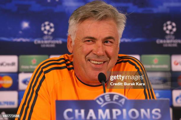 Coach Carlo Ancelotti of Real Madrid attends a press conference ahead of their UEFA Champions League Group B match against Galatasaray AS at the Ali...