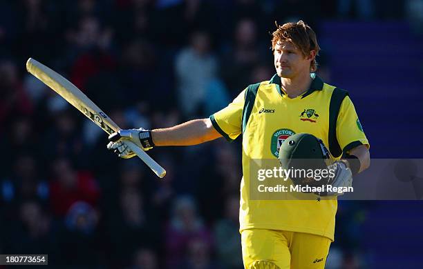 Shane Watson of Australia celebrates his century during the 5th NatWest Series ODI between England and Austalia at the Ageas Bowl on September 16,...