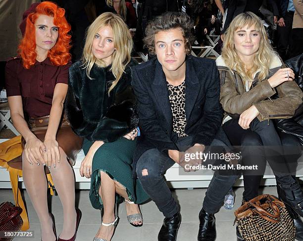 Paloma Faith, Sienna Miller, Harry Styles and Suki Waterhouse attend the front row at Burberry Prorsum Womenswear Spring/Summer 2014 show during...