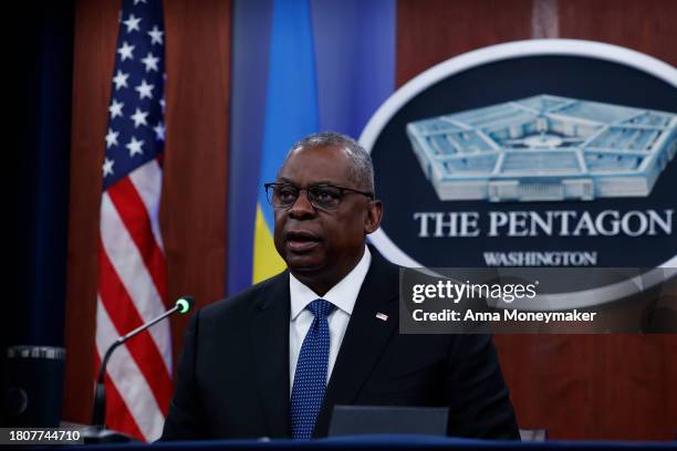 Secretary of Defense Lloyd Austin speaks during a virtual Ukraine Defense Contact Group meeting at the Pentagon on November 22, 2023 in Arlington,...