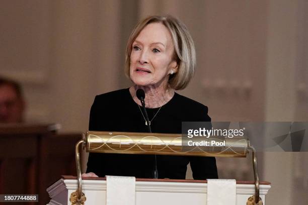 Journalist Judy Woodruff speaks at a tribute service for former first lady Rosalynn Carter at Glenn Memorial United Methodist Church at Emory...