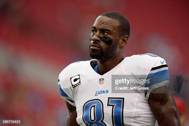 Wide receiver Calvin Johnson of the Detroit Lions looks on prior to the start of the game against the Arizona Cardinals at University of Phoenix...