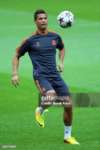 Real Madrid's Cristiano Ronaldo attends a training session ahead of their UEFA Champions League Group B match against Galatasaray AS at the Ali Sami...
