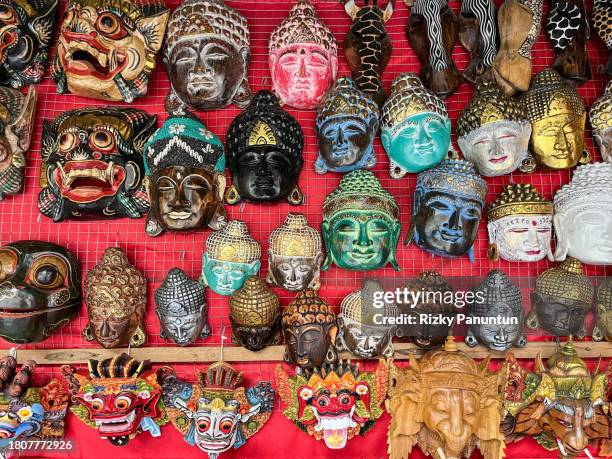traditional balinese masks at the market - ubud village stock pictures, royalty-free photos & images