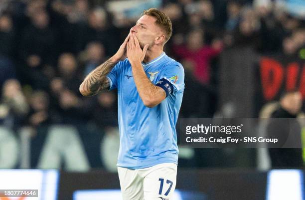 Lazio's Ciro Immobile celebrates after he scores to make it 1-0 during a UEFA Champions League group stage match between S.S. Lazio and Celtic at...