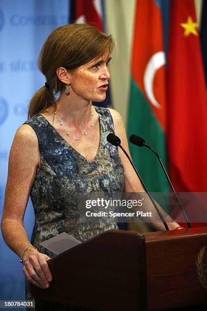 Ambassador to the United Nations Samantha Power speaks to the media about the conclusion of the U.N. Inspectors' report on chemical weapons use in...