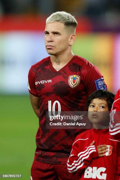 Yeferson Soteldo of Venezuela stands during the national anthem before the FIFA World Cup 2026 Qualifier match between Peru and Venezuela at Estadio...