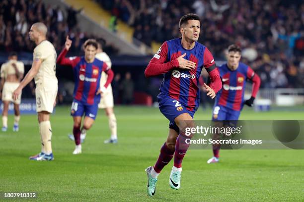 Joao Cancelo of FC Barcelona celebrates 1-1 during the UEFA Champions League match between FC Barcelona v FC Porto at the Lluis Companys Olympic...