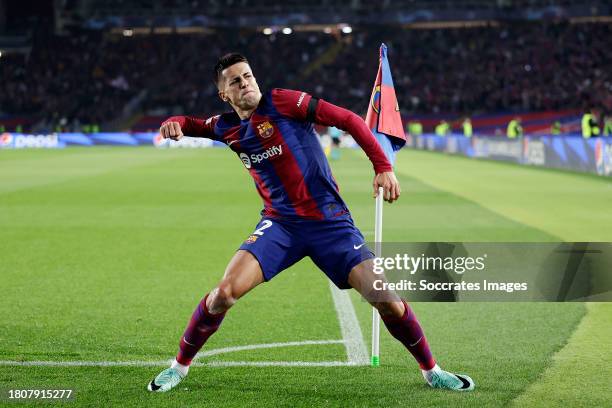 Joao Cancelo of FC Barcelona celebrates 1-1 during the UEFA Champions League match between FC Barcelona v FC Porto at the Lluis Companys Olympic...