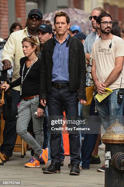 Actor Kevin Bacon seen on the set of "The Following" in Soho on September 16, 2013 in New York City.