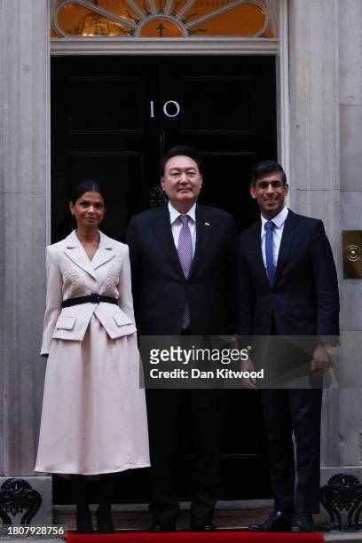 Britain's Prime Minister Rishi Sunak and wife Akshata Murty welcome the President of South Korea Yoon Suk Yeol to Downing Street as he carries out a...