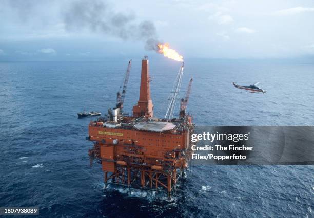 An aerial view of an oil rig in the Murchison oil field in the North Sea, circa 1985.