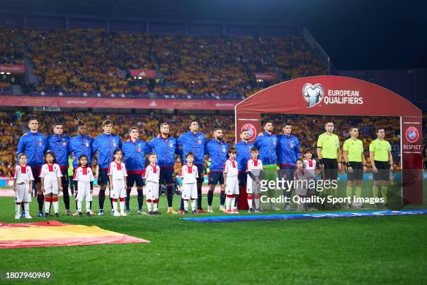 Players of Spain embrace for the national anthem prior the game during the UEFA EURO 2024 European qualifier match between Spain and Georgia at Jose...