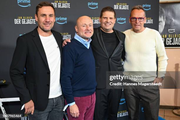 Ralf Grabsch, Matthias Müller-Bothmann, Jan Ullrich and Olaf Ludwig during the screening of "Jan Ullrich – Der Gejagte" at Filmtheater Sendlinger Tor...